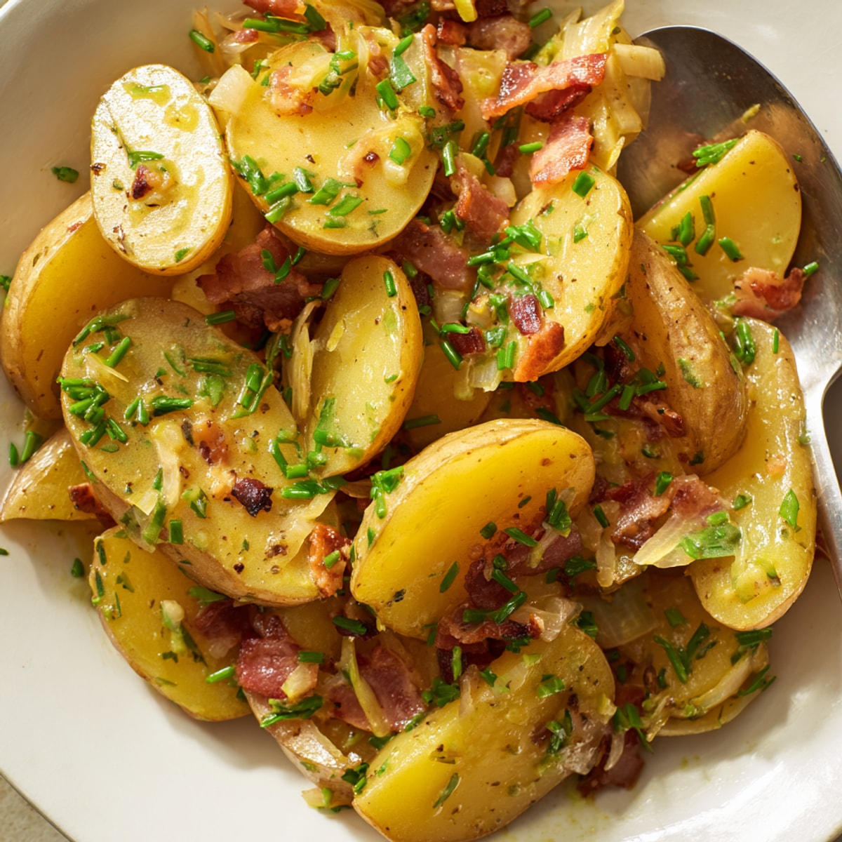 Herzhaft und warm: Hausgemachter deutscher Kartoffelsalat mit Speck und Senf-Vinaigrette.