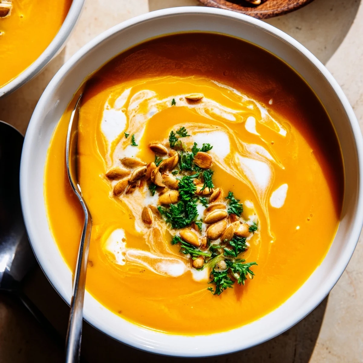 Delikate, geröstete Kürbissuppe mit frischer Petersilie und Kürbiskernen garniert.  