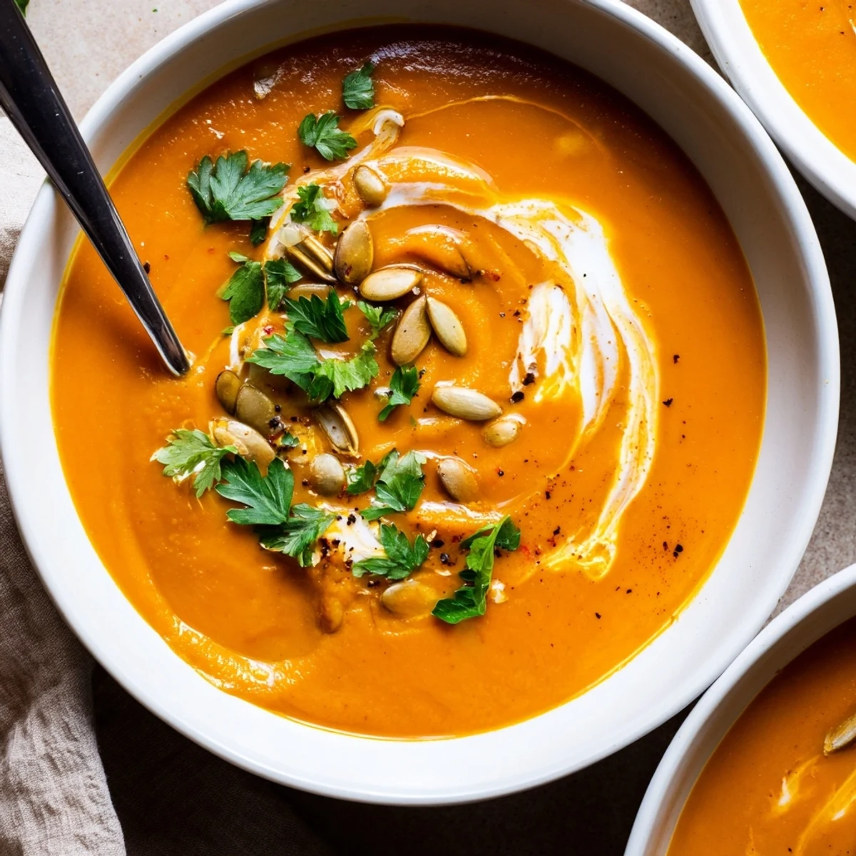 Aromatische Roasted Pumpkin Soup in einer Schüssel, umgeben von herbstlichen Dekorationen.