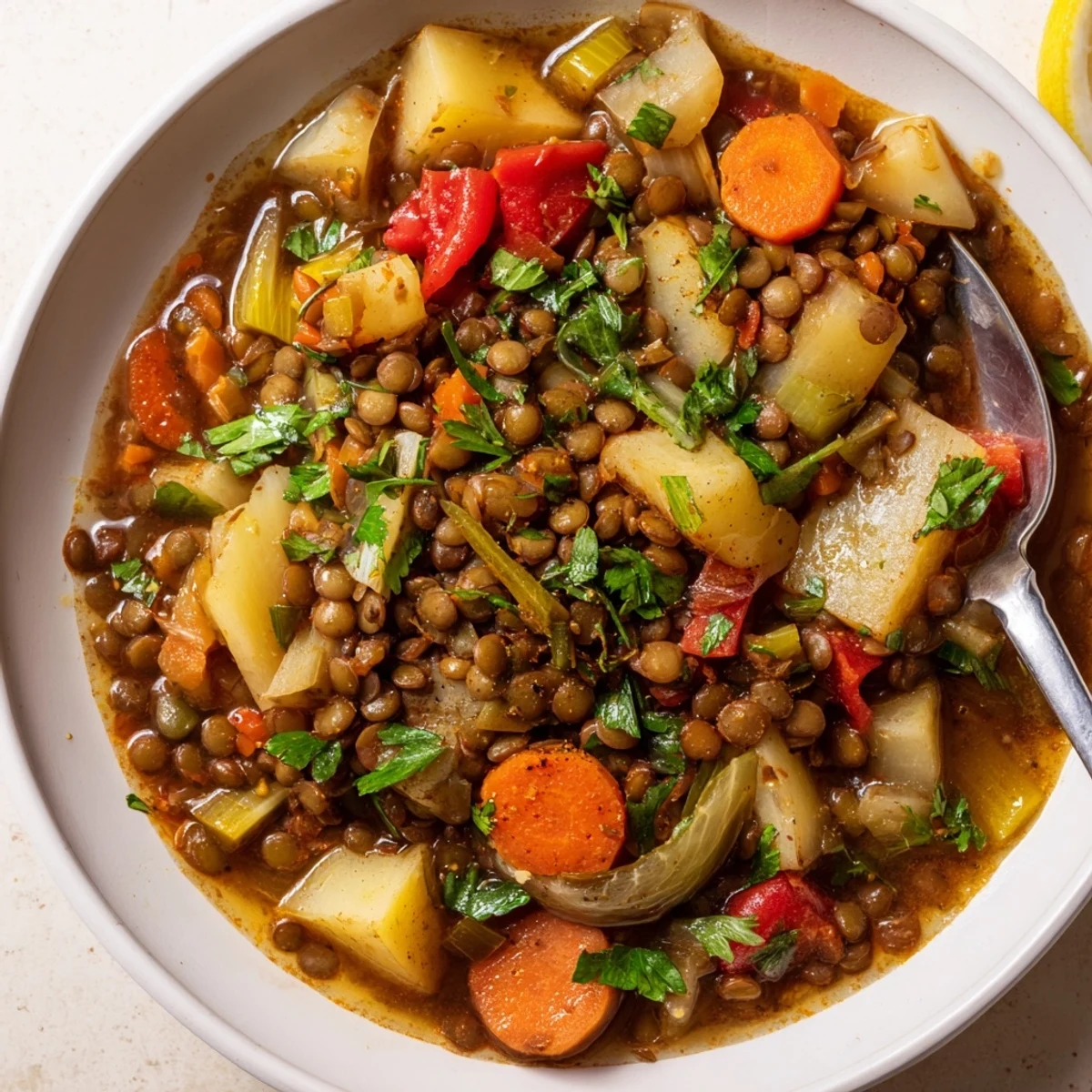 Herzhaftes One-Pot-Linsen-Eintopf mit frischem Gemüse und aromatischen Gewürzen.