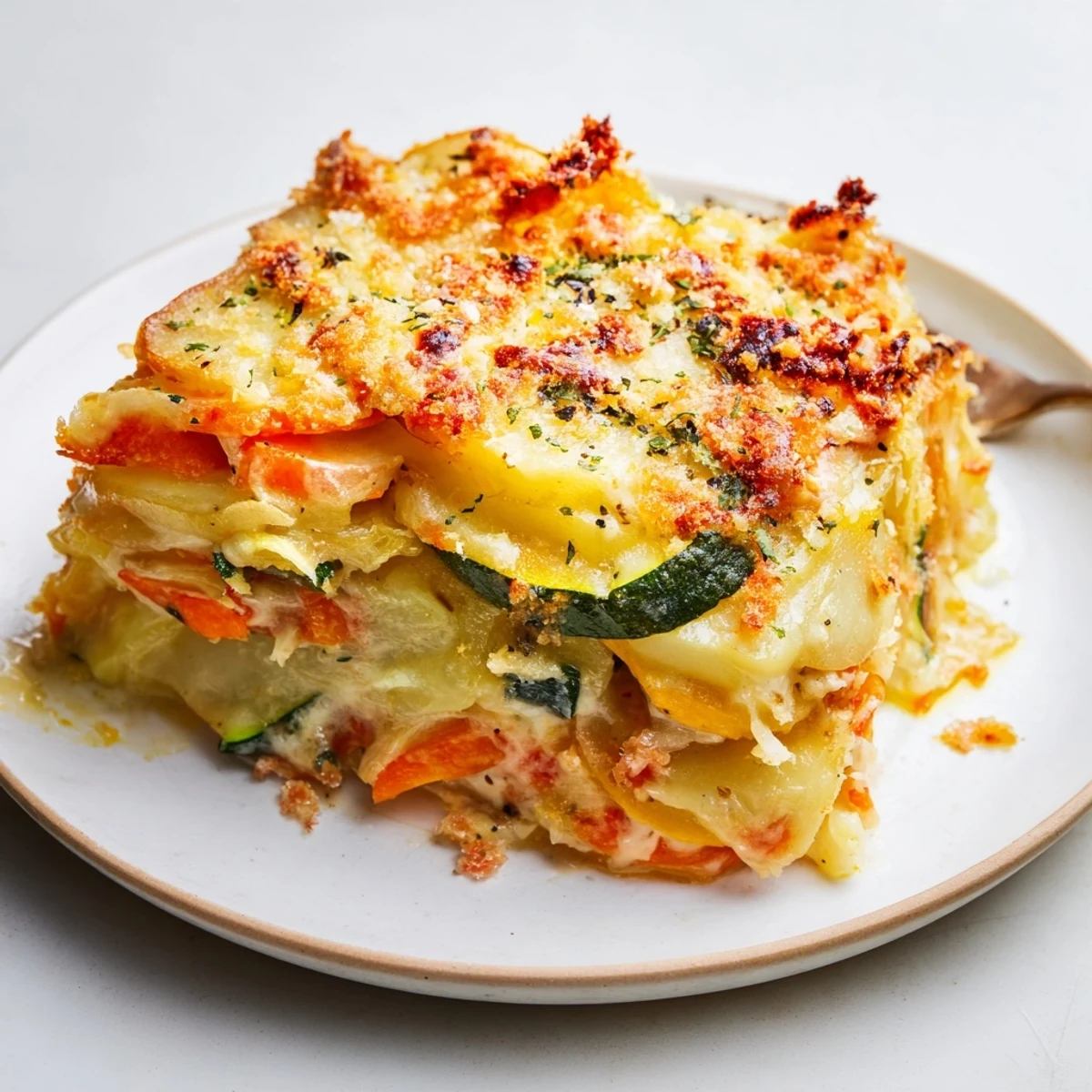 Karamellisiertes Gemüse mit Kartoffelgratin, überbacken mit cremiger Käsesoße und goldbraunem Belag.