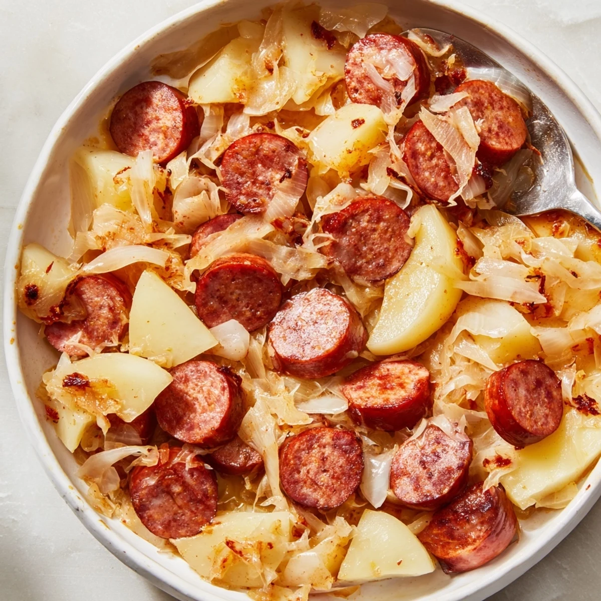 Rustikale Sausage and Sauerkraut Skillet mit deftigem Gemüse und gewürztem Aroma.  