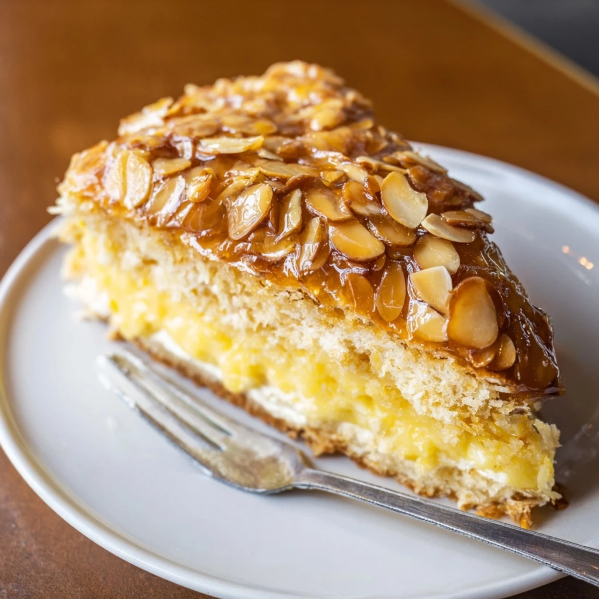Gehäufter Bienenstichkuchen, der süße und nussige Aromen perfekt vereint.