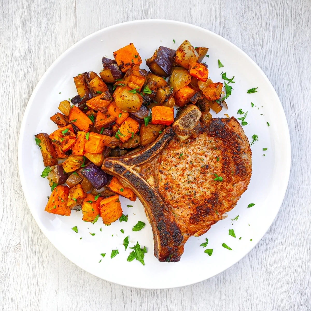 Deliciously caramelized Sheet Pan Pork Chop & Roasted Root Veggies, perfect for a cozy American meal.