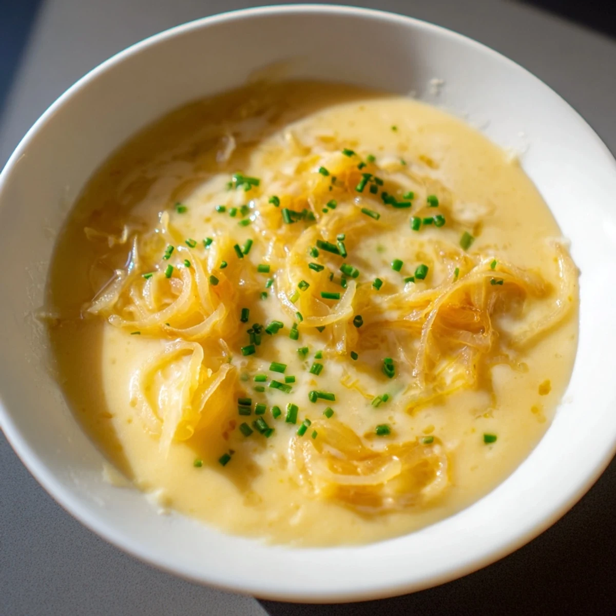Creamy German Cheese and Onion Beer Soup topped with toasted rustic bread, ready to eat.