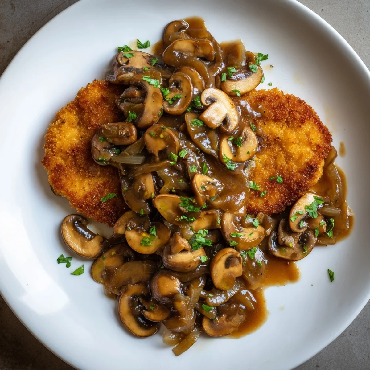 Crispy Jaeger Schnitzel with savory mushroom gravy, ready for a delicious dinner.