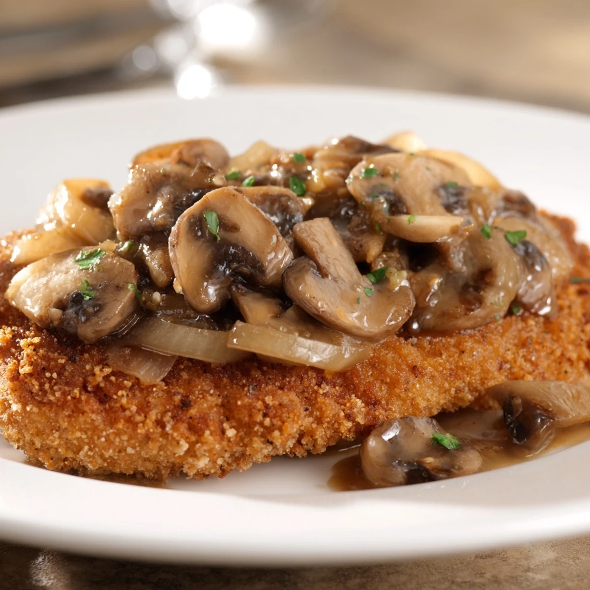 A close-up of a perfectly cooked Jaeger Schnitzel, ideal with mashed potatoes.