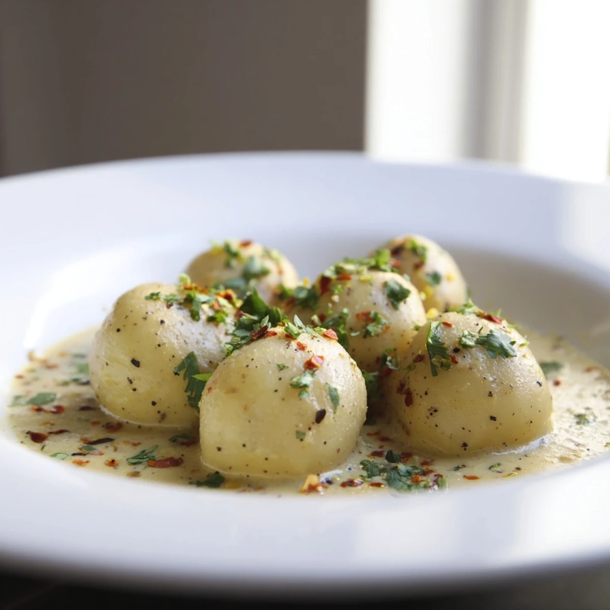 Creamy Curry Comfort Potato Dumplings swimming in rich coconut curry sauce for dinner.
