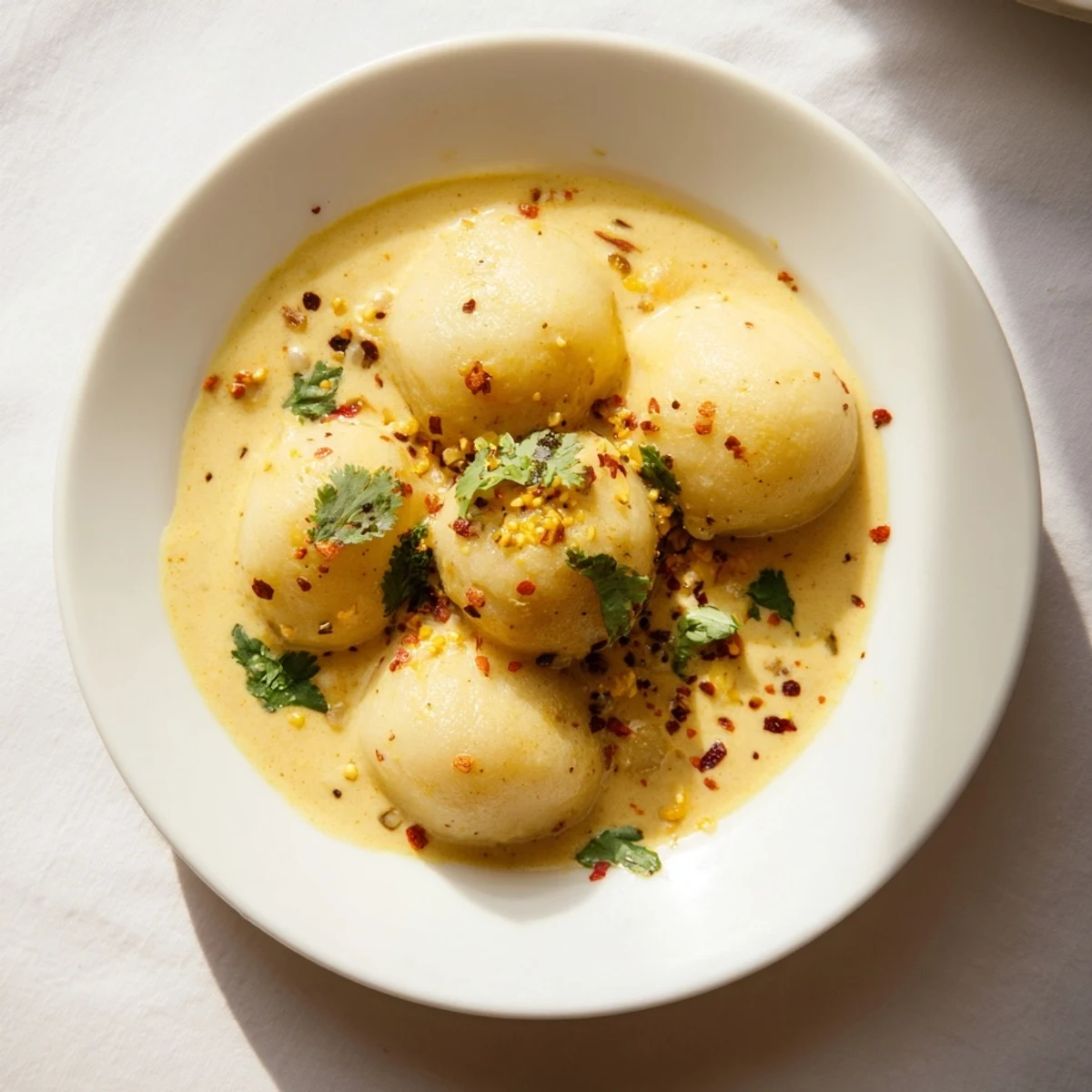 Golden, fluffy Curry Comfort Potato Dumplings paired perfectly with vibrant green cilantro garnish.
