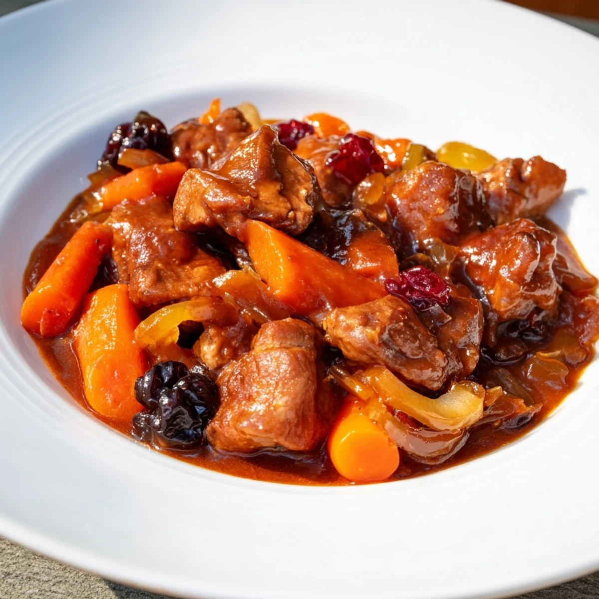 A steaming bowl of flavorful sweet and sour Sauerbraten, ready for a comforting German meal.