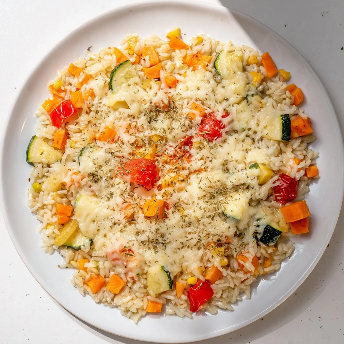 Flavorful Oven-Baked Rice with Vegetables & Cheese, showcasing a golden cheese crust and colorful veggies.