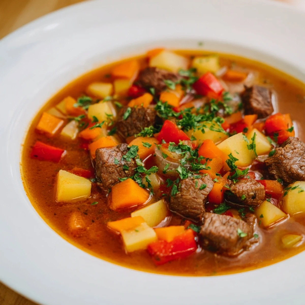 Enjoy the rich, savory aroma of homemade Goulash Soup, served hot in a rustic bowl.