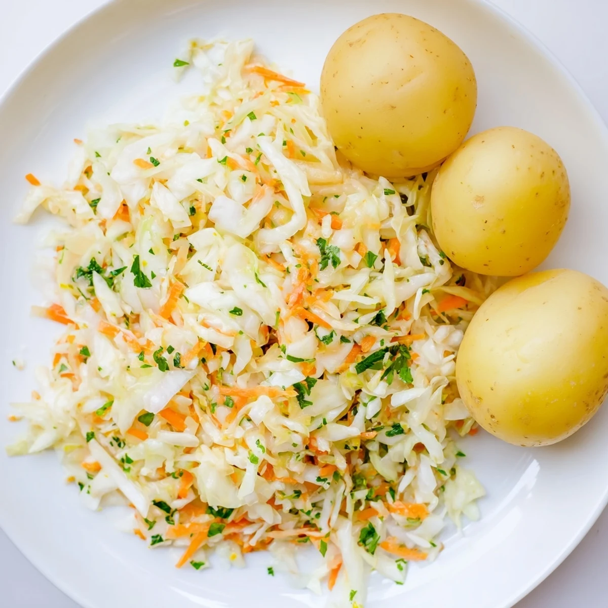 Freshly tossed Krautsalat, a classic German cabbage salad, served beside fluffy Pellkartoffeln.