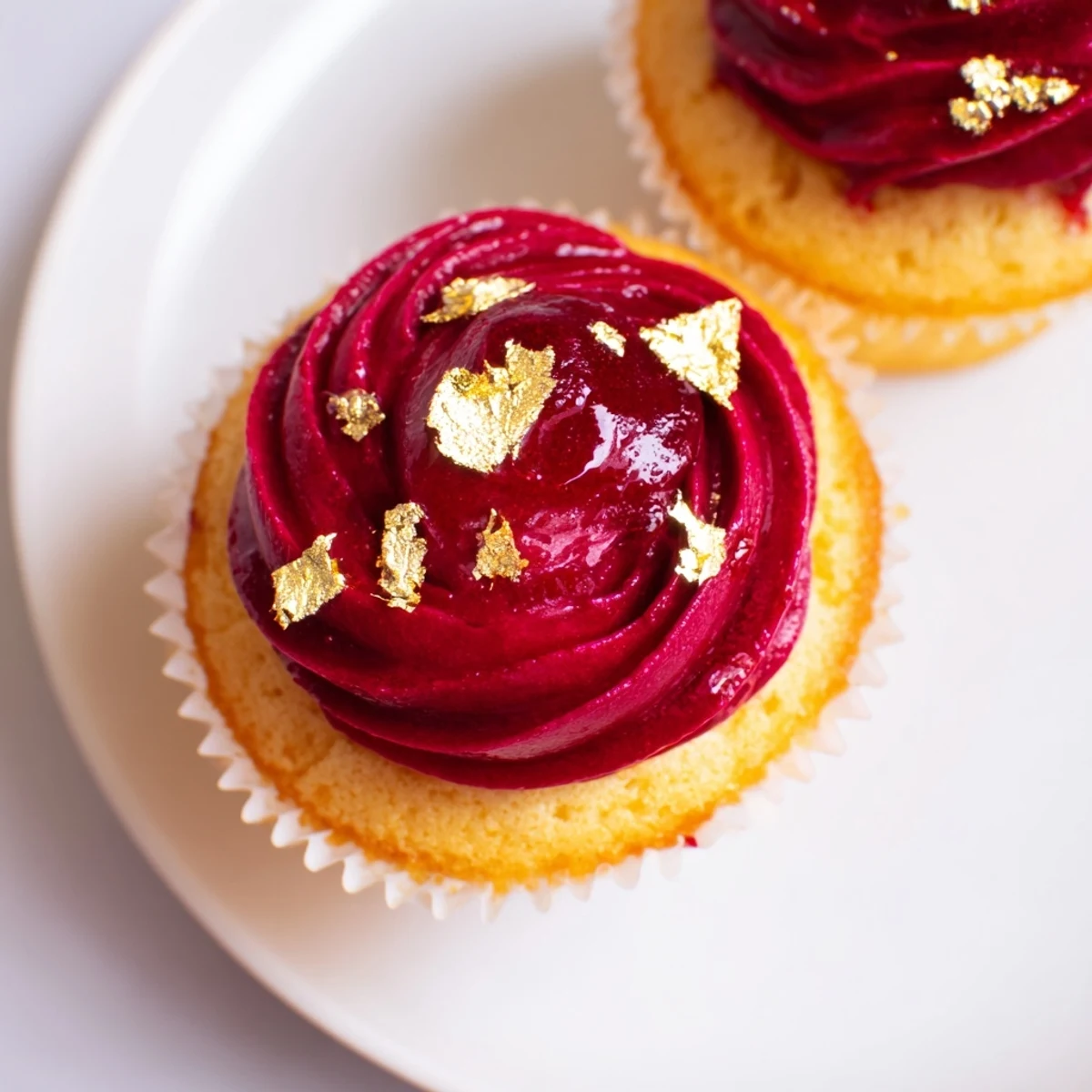 Close-up of mini cherry cupcakes with vibrant red frosting and shimmering gold leaf decorations.