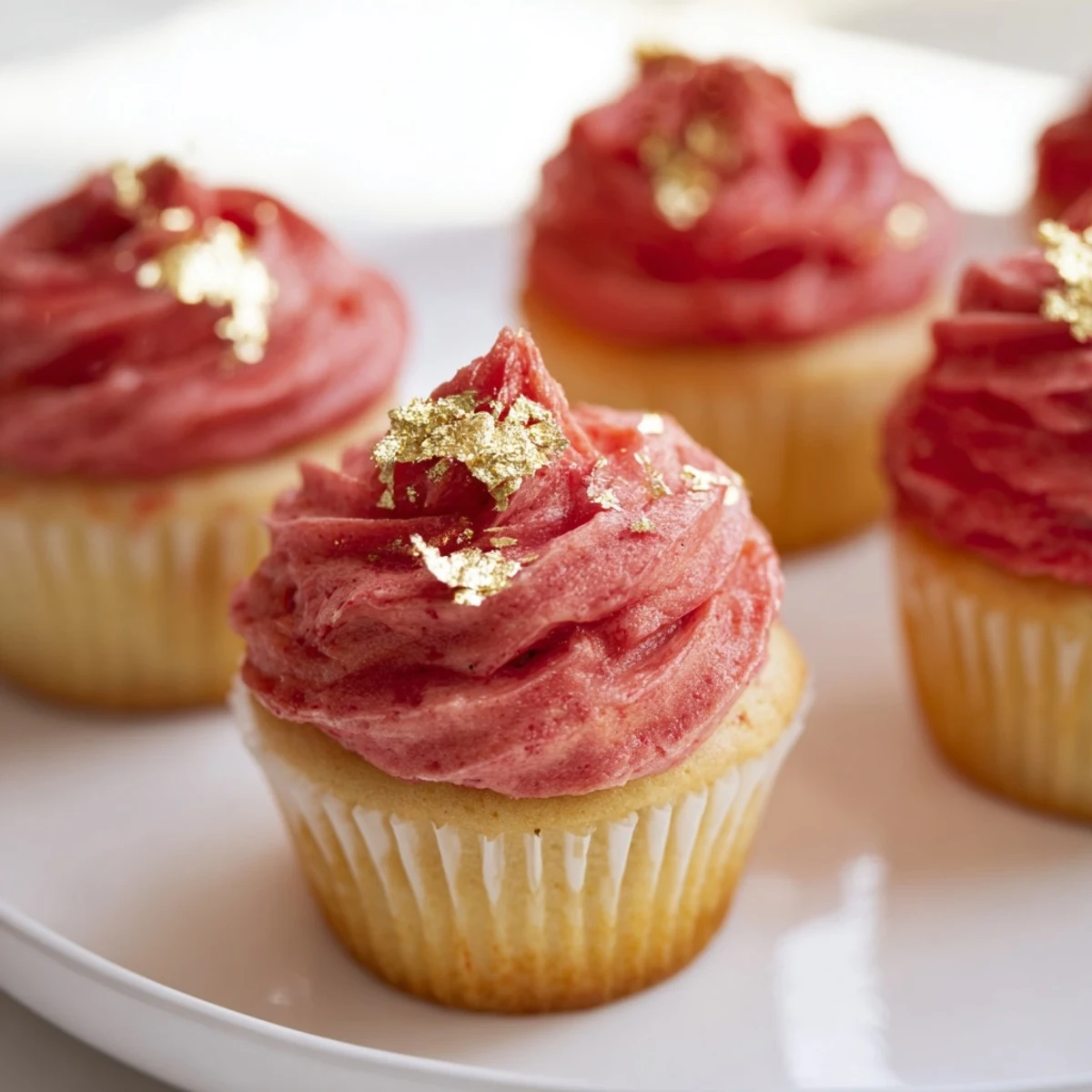Luscious mini cherry cupcakes with visible cherry bits, ready to be enjoyed with a creamy topping.