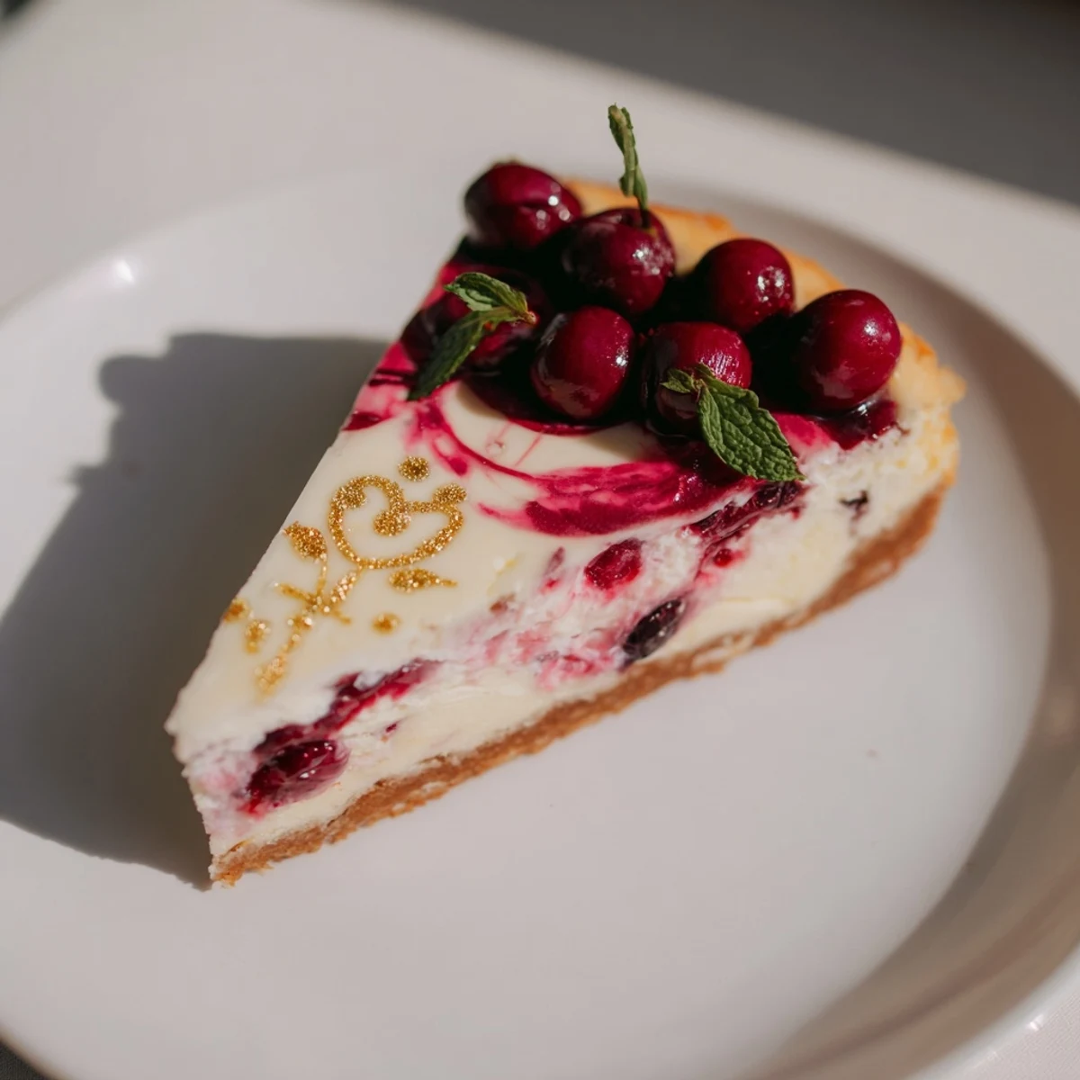 A slice of Cherry Vibe Cheesecake with swirl; a creamy dream with Rococo design.