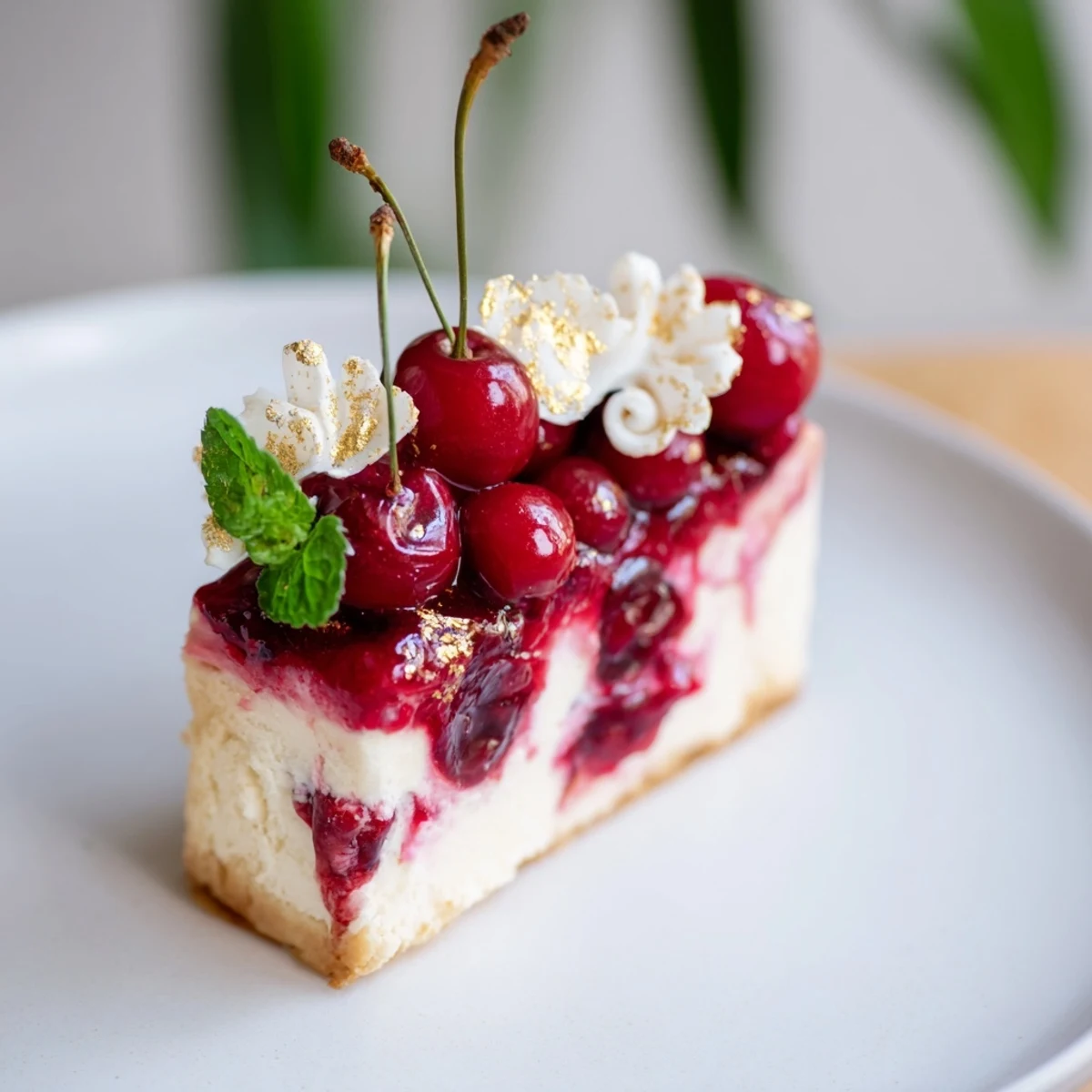 Vibrant Cherry Vibe Cheesecake: a delicious close-up, showcasing cherry swirl and decoration.