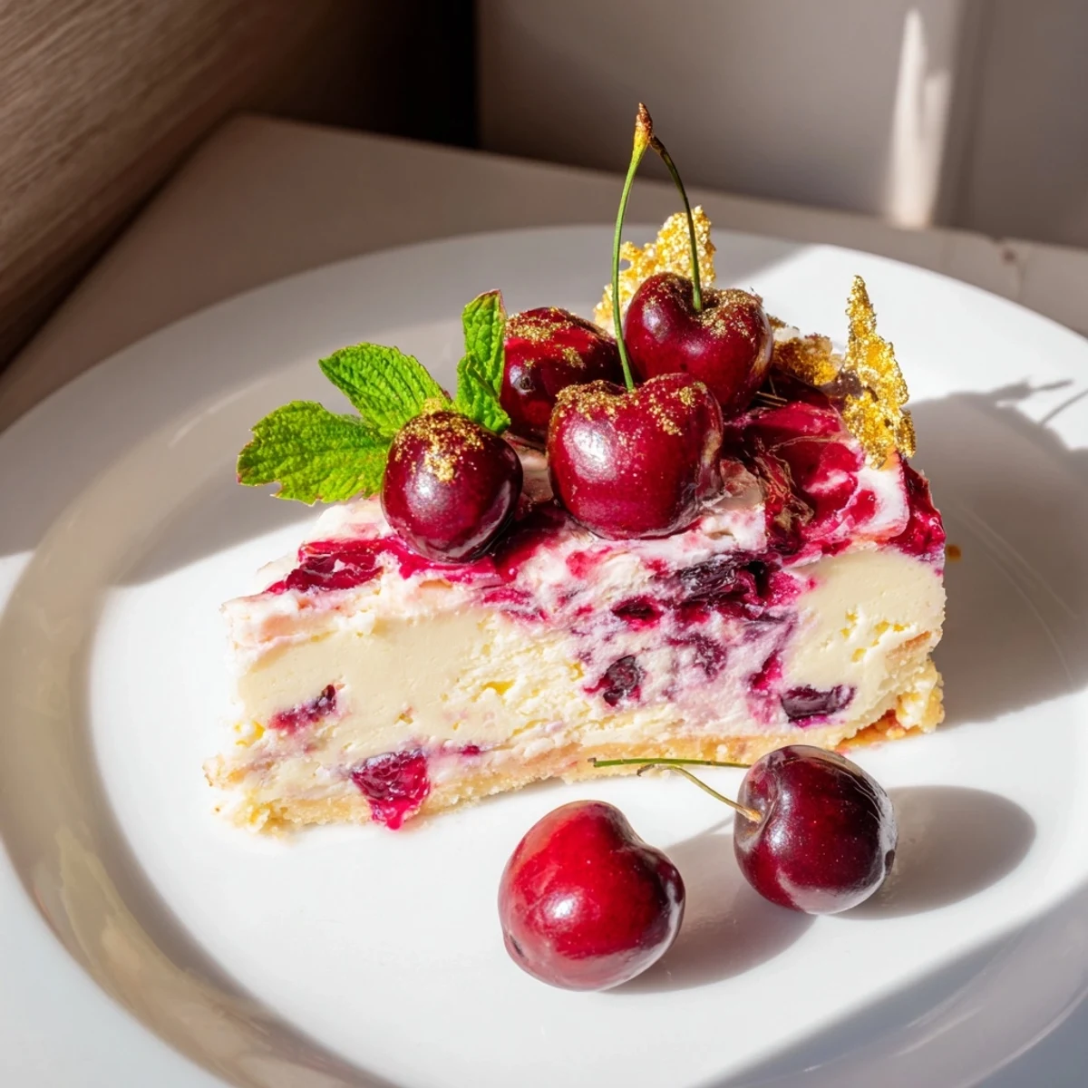 Elegant presentation of a freshly baked Cherry Vibe Cheesecake, ready for tea time sharing.