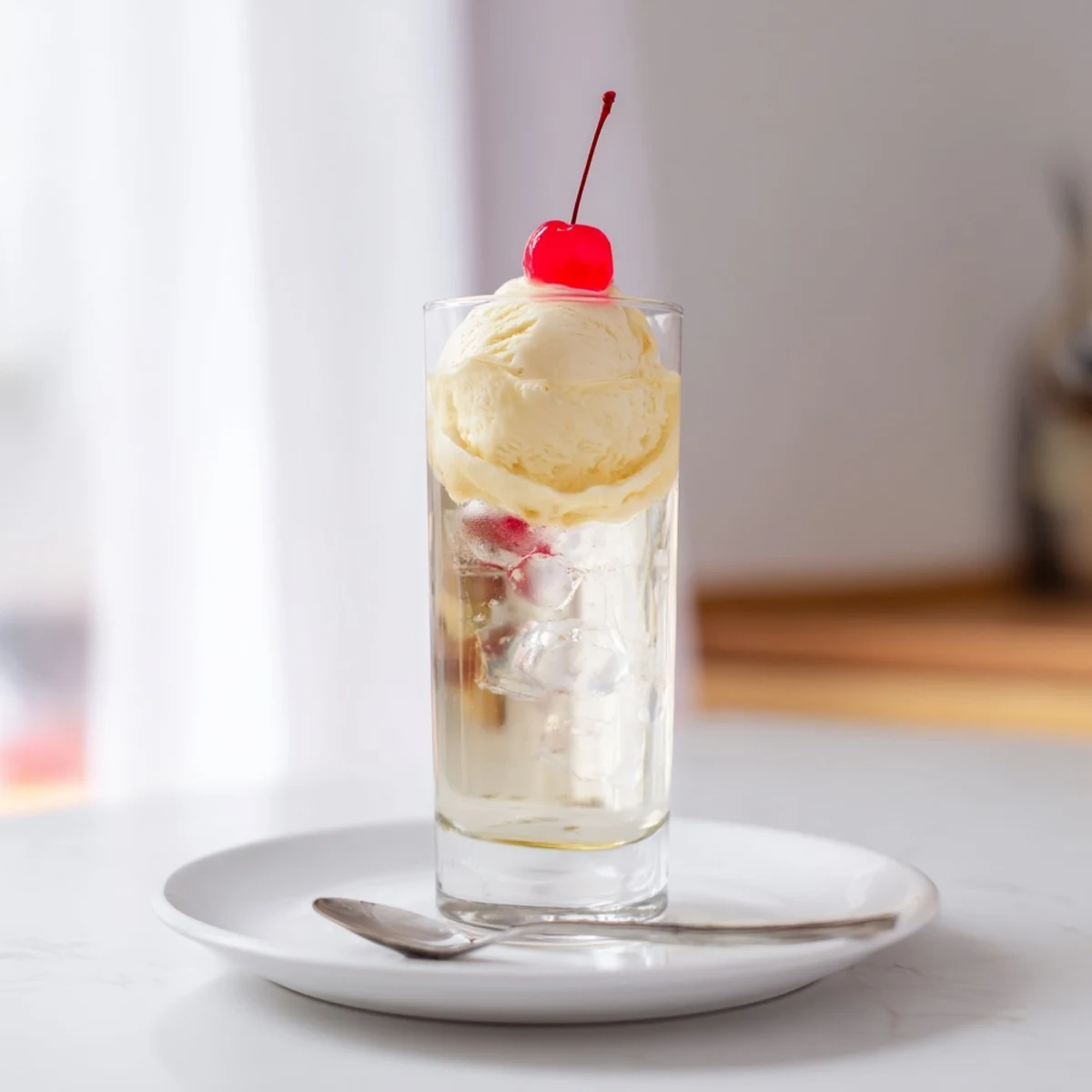 Homemade vanilla syrup bubbles in a glass, ready for this refreshing Cream Soda Float.