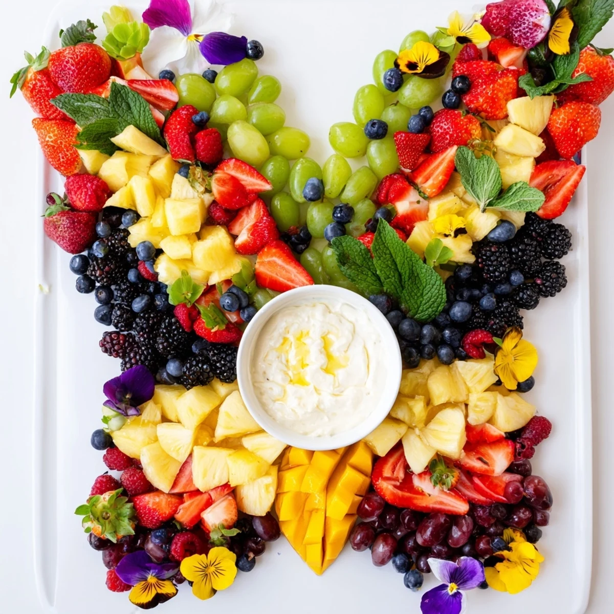 A colorful butterfly garden fruit board, featuring fresh strawberries, perfect for a spring party.
