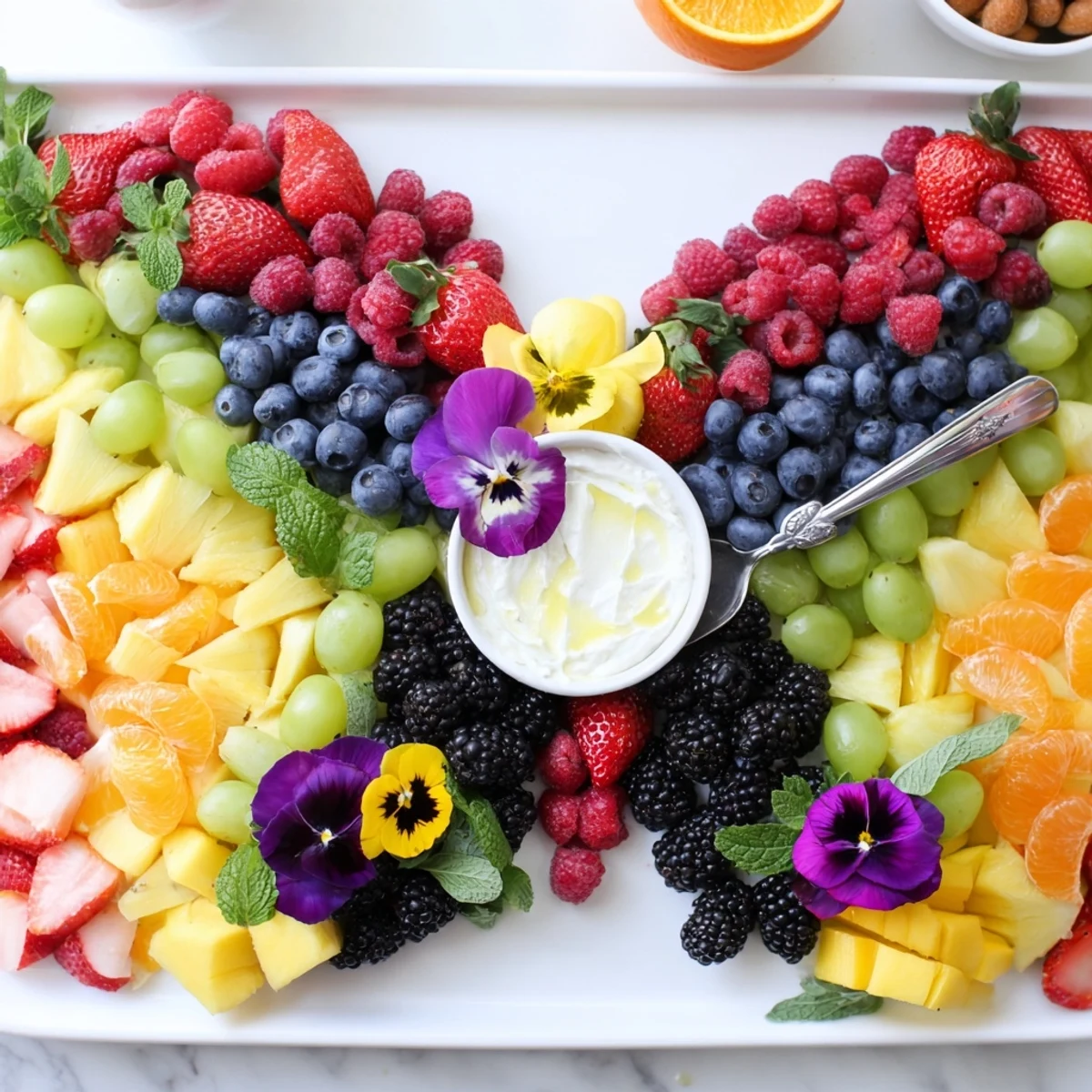 This butterfly garden fruit board is a visually stunning appetizer arranged with vibrant, juicy fruits.