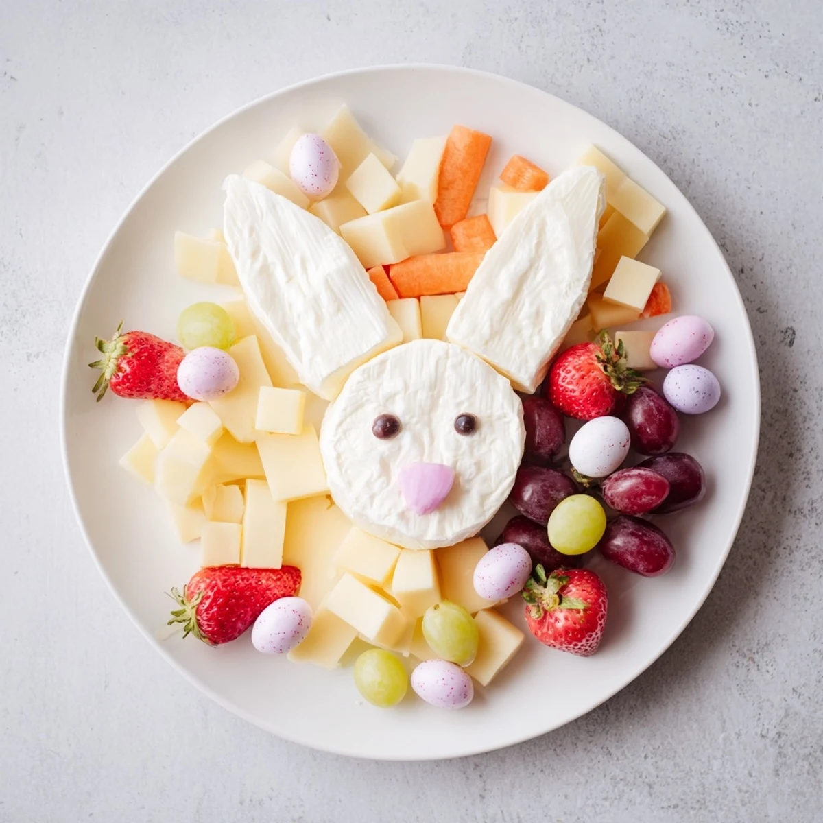 Festive Bunny Ears Easter Board with vibrant fruits, cheeses, and adorable marshmallow treats arranged.