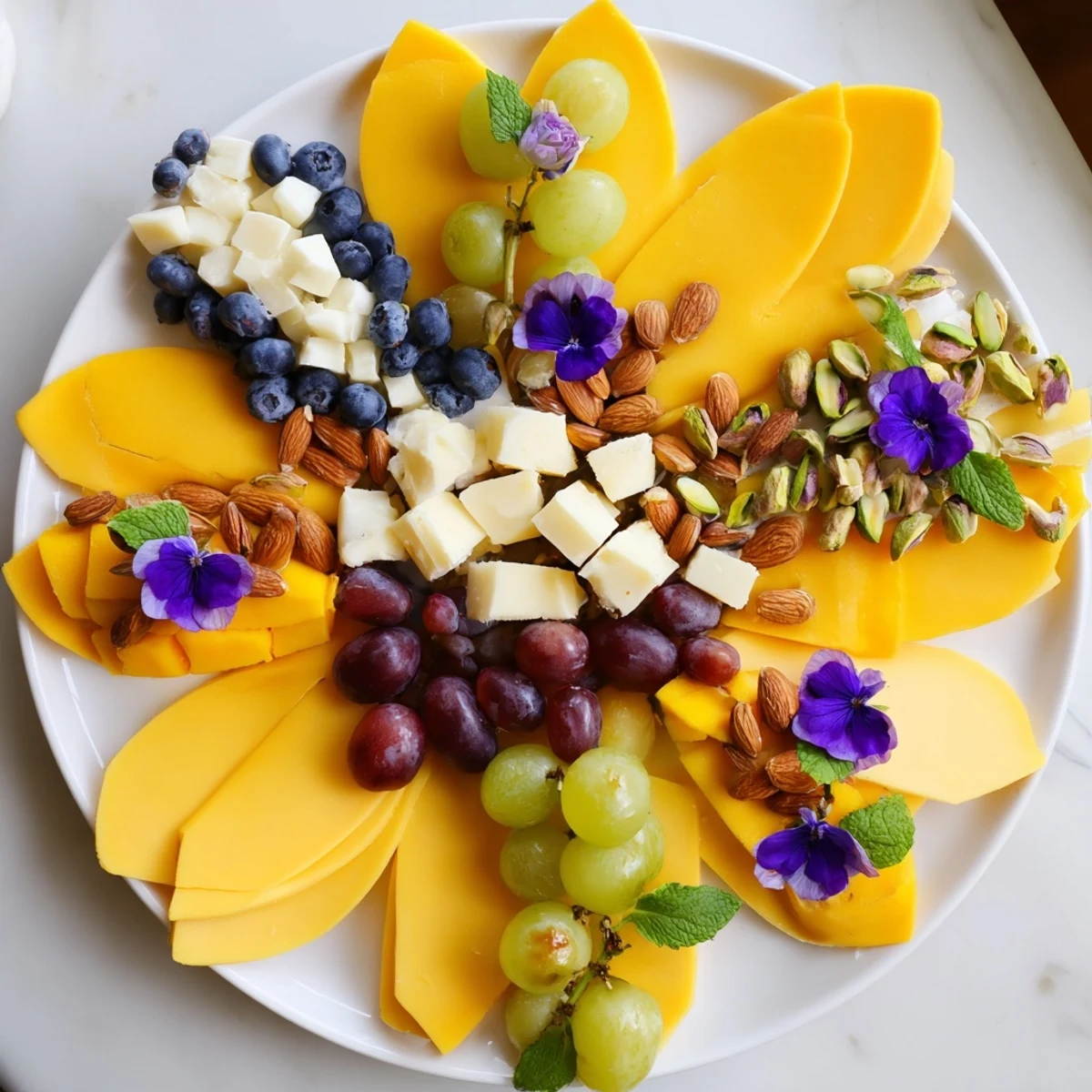 Daffodil Cheese Board bursting with colorful cheeses, fruits, and crackers perfect for spring entertaining.
