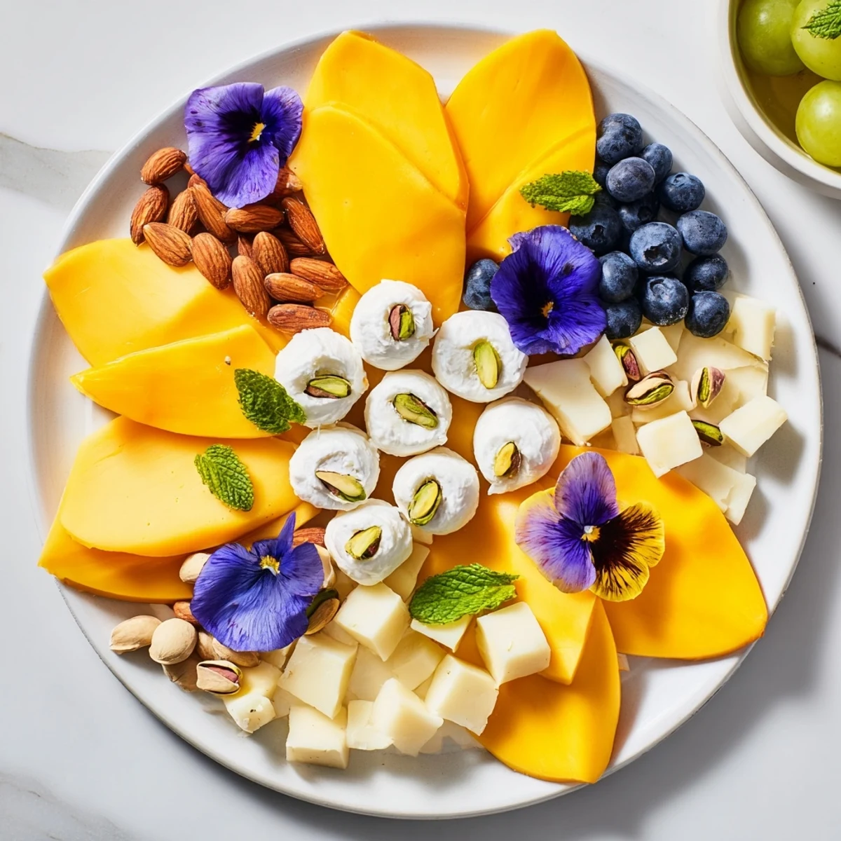 A brightly-colored Daffodil Cheese Board with cheddar petals, creamy brie, and goat cheese center arrangement.