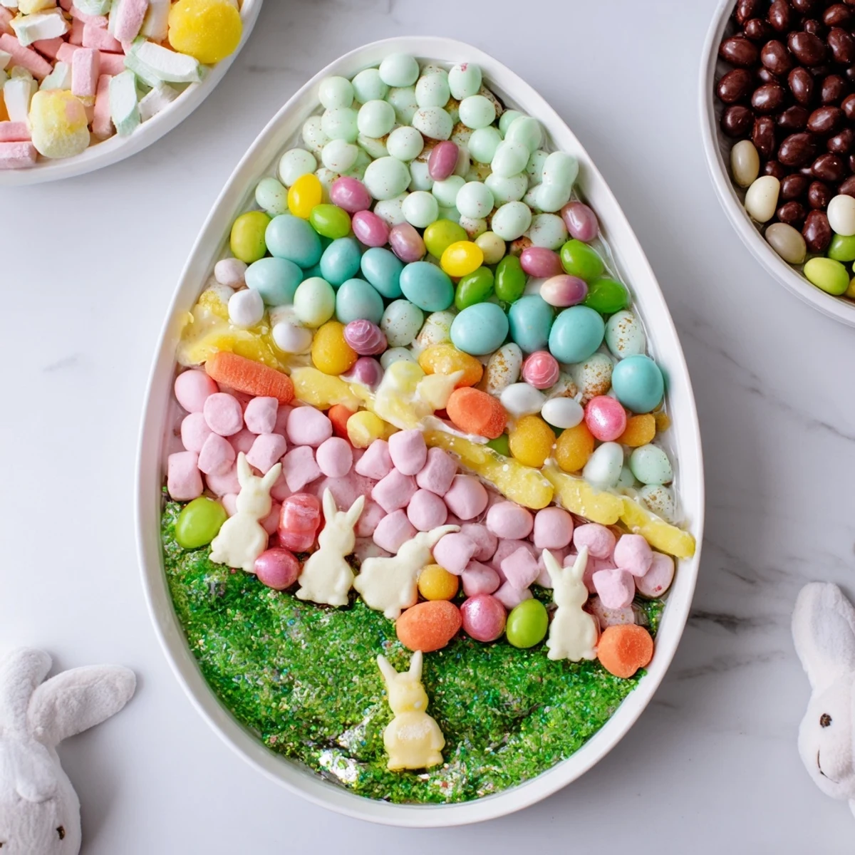 Festive egg-shaped candy platter overflowing with colorful treats perfect for an Easter celebration.