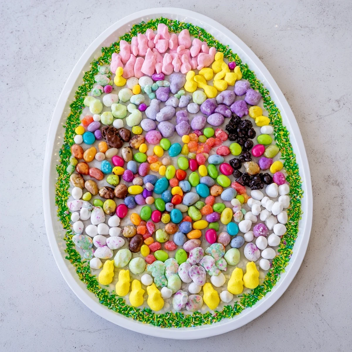 Vibrant close-up of an Easter egg-shaped candy platter, showcasing a delightful candy assortment.
