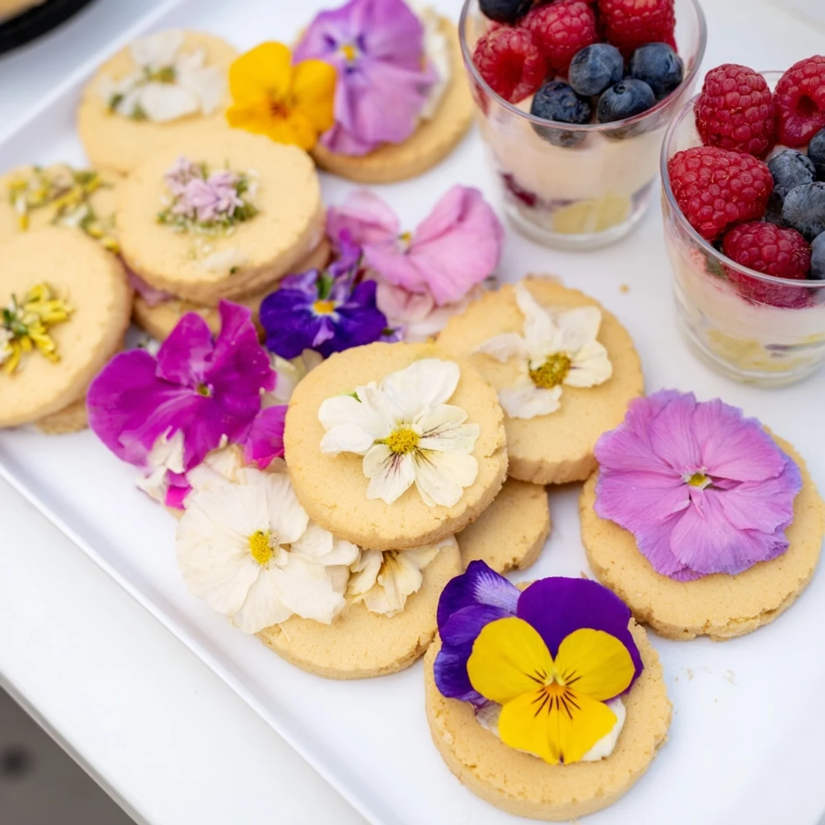 Here are the three ALT texts for the Spring Flower Dessert Tray, following all the instructions provided: