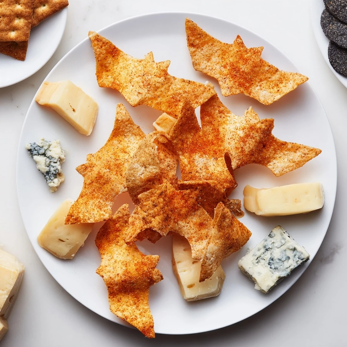 A spooky night bat Halloween board full of savory snacks, cheese, and sweet treats.