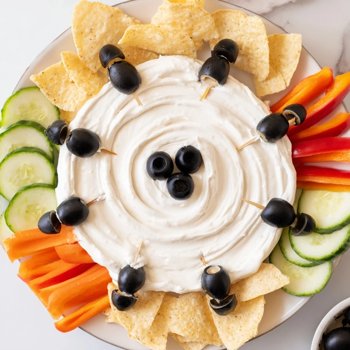 Creamy white dip forms the base of this Creepy Crawly Spiderweb Platter, ready for dipping.