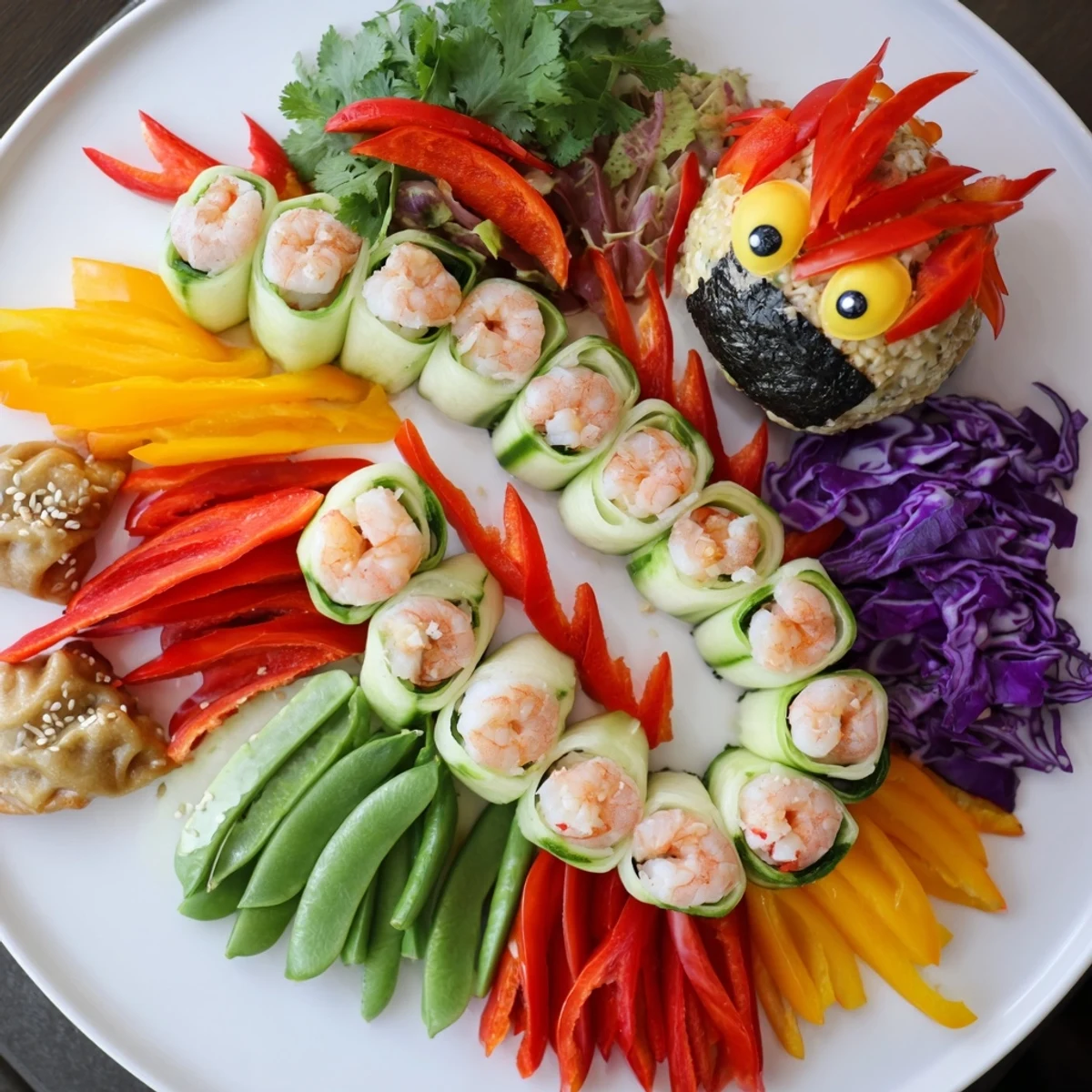 A stunning Mighty Dragon Lunar New Year Board with colorful shrimp, pork, and vegetables.