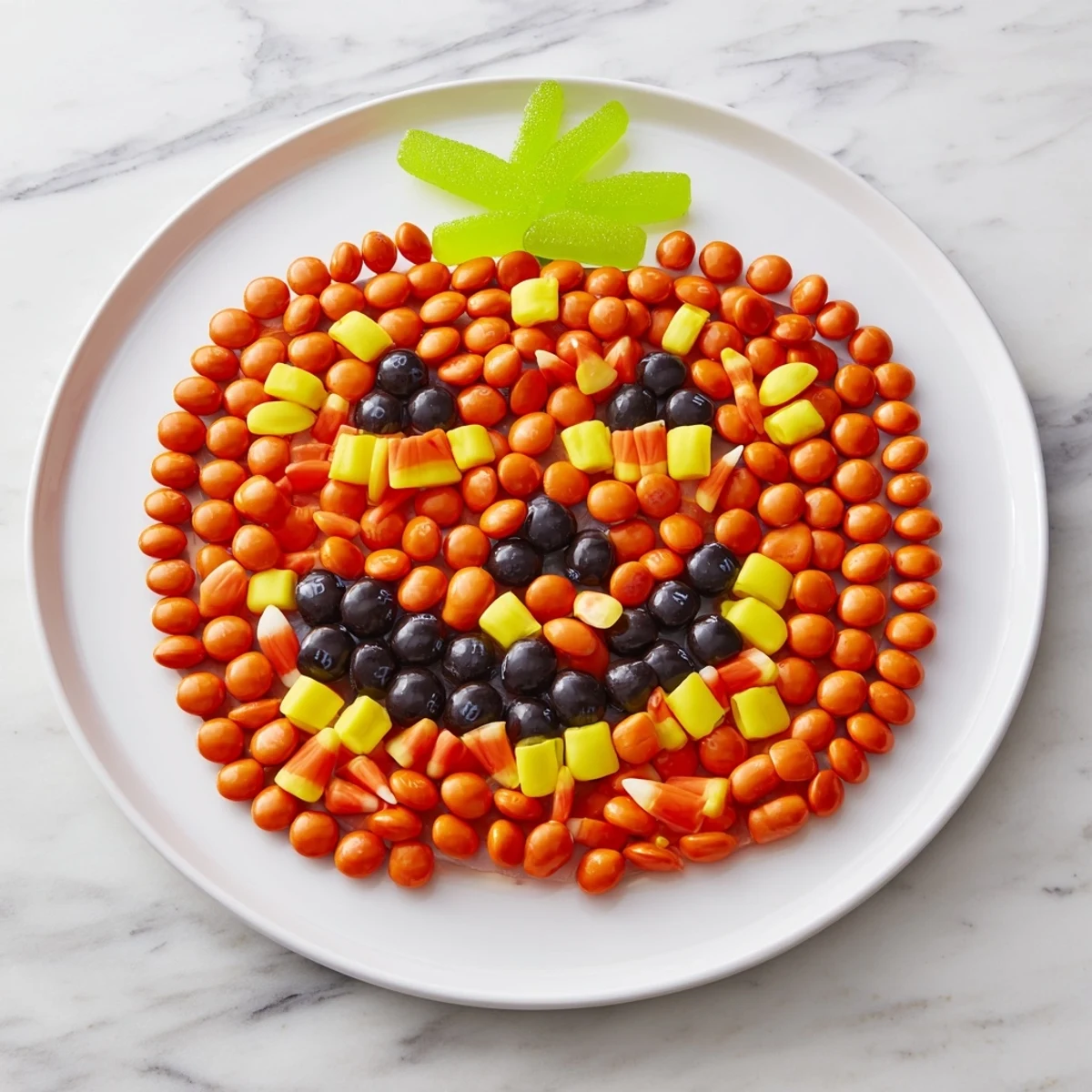 Festive Jack-o-Lantern Candy Board: a colorful assortment of candies shaped like a smiling pumpkin.