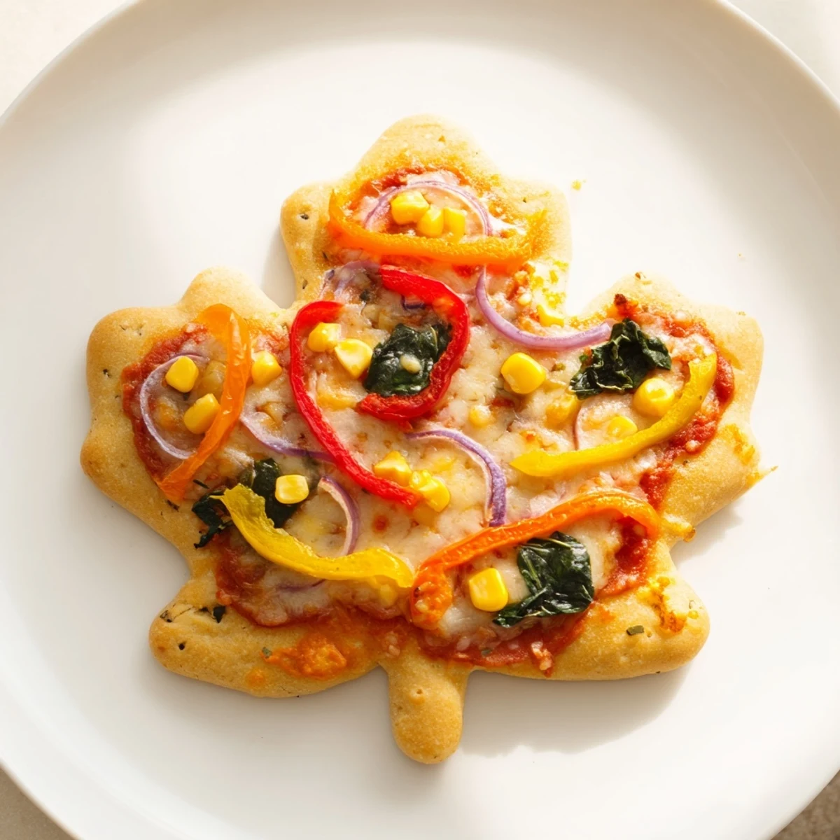 Golden, baked Fall Foliage Maple Leaf Mini Pizzas on a parchment paper-lined baking sheet, smelling delicious.