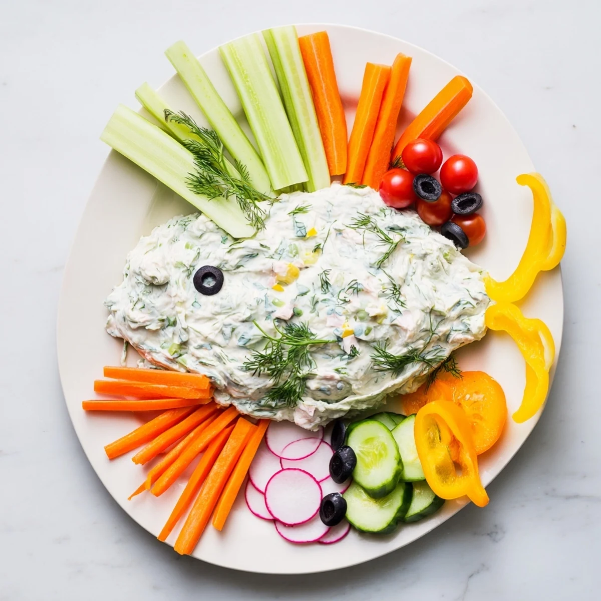 Ocean Blue Fish-Shaped Dip Tray: Picture this fun appetizer with a fish shape, creamy dips, and veggie scales ready to enjoy.