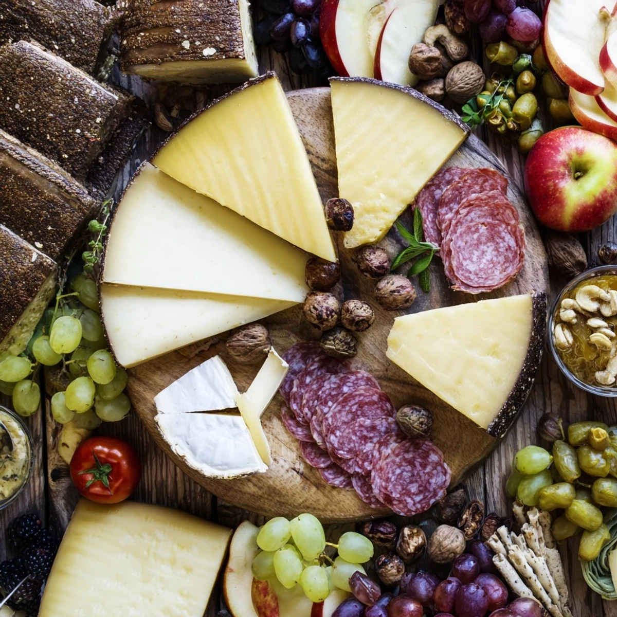 A beautifully arranged Planche Montagne Aventure Collation featuring cheeses, meats and fresh produce.