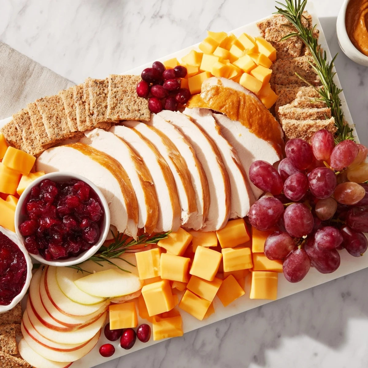 A beautiful Turkey Cheese and Cracker Board appetizer spread with colorful fruits and cheese.
