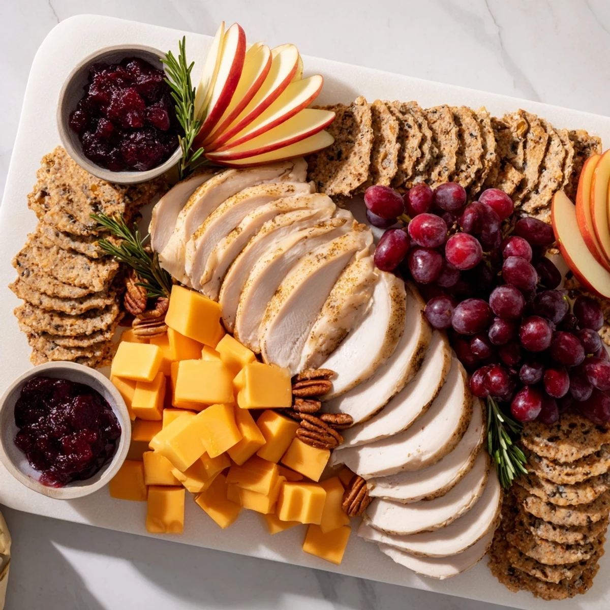 Close-up of a festive Turkey Cheese and Cracker Board with turkey, cheese, crackers, and grapes on display.