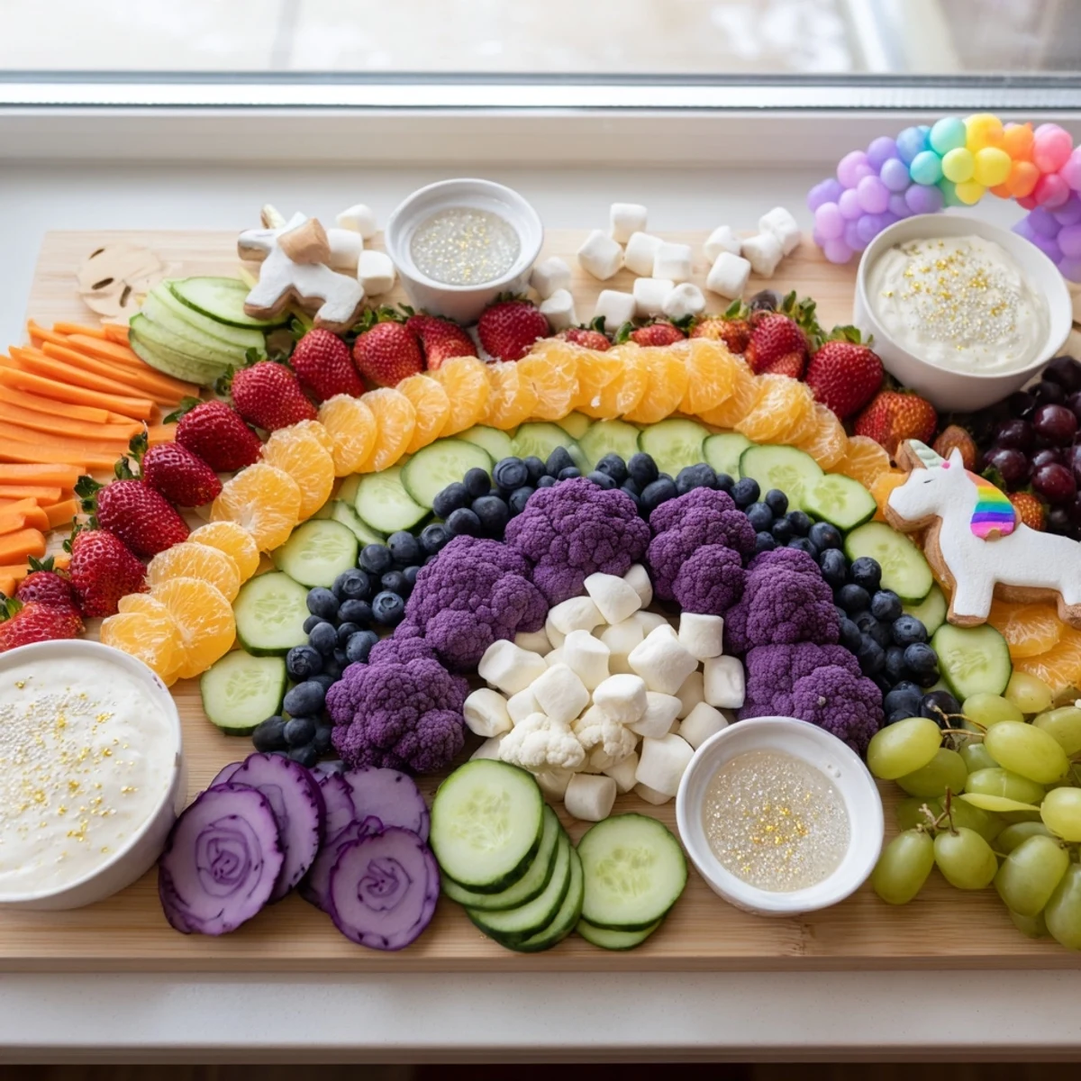 Vibrant and fun: a Magical Unicorn Rainbow Snack Board with dips and treats perfect for kids.