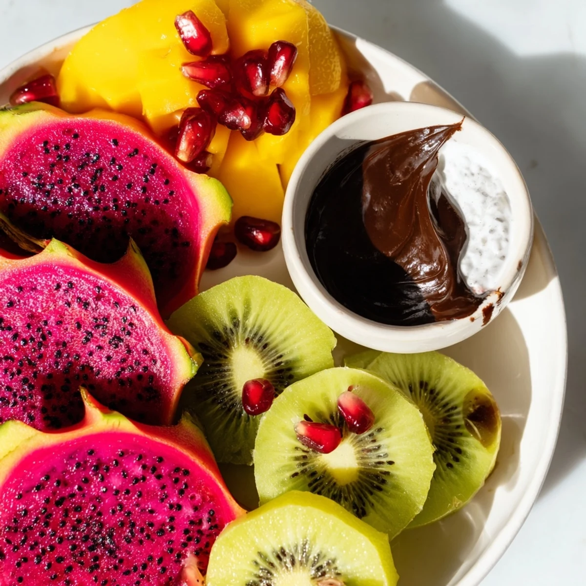 A gorgeous Dragon Scales Fruit and Dip Board features vibrant fruits and chocolate and yogurt dips for dipping.