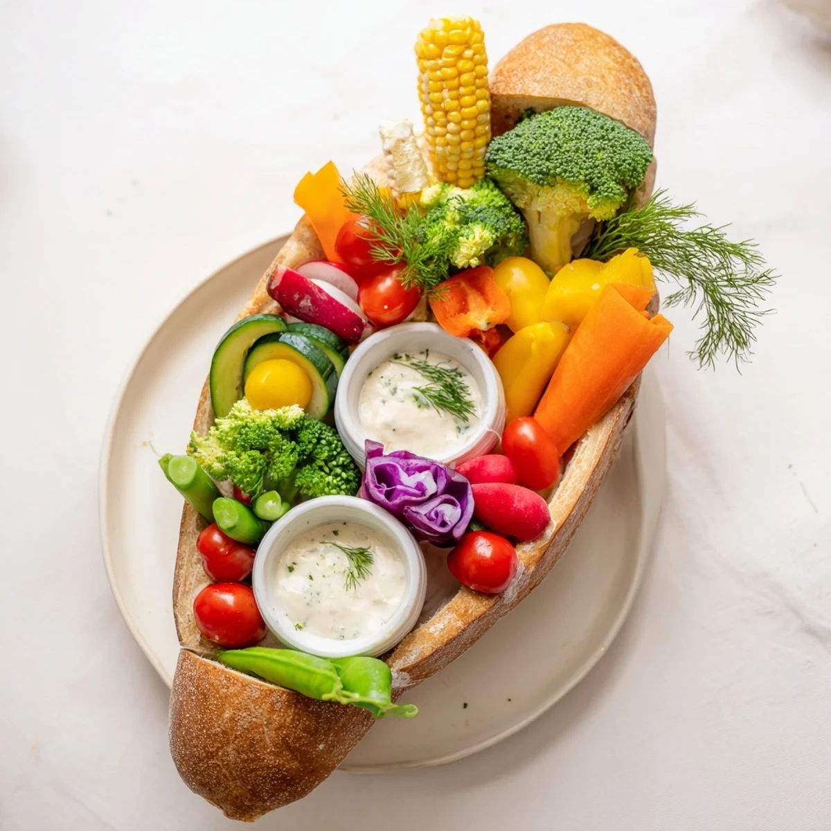 A cornucopia veggie board overflowing with vibrant raw vegetables and creamy dips for dipping.