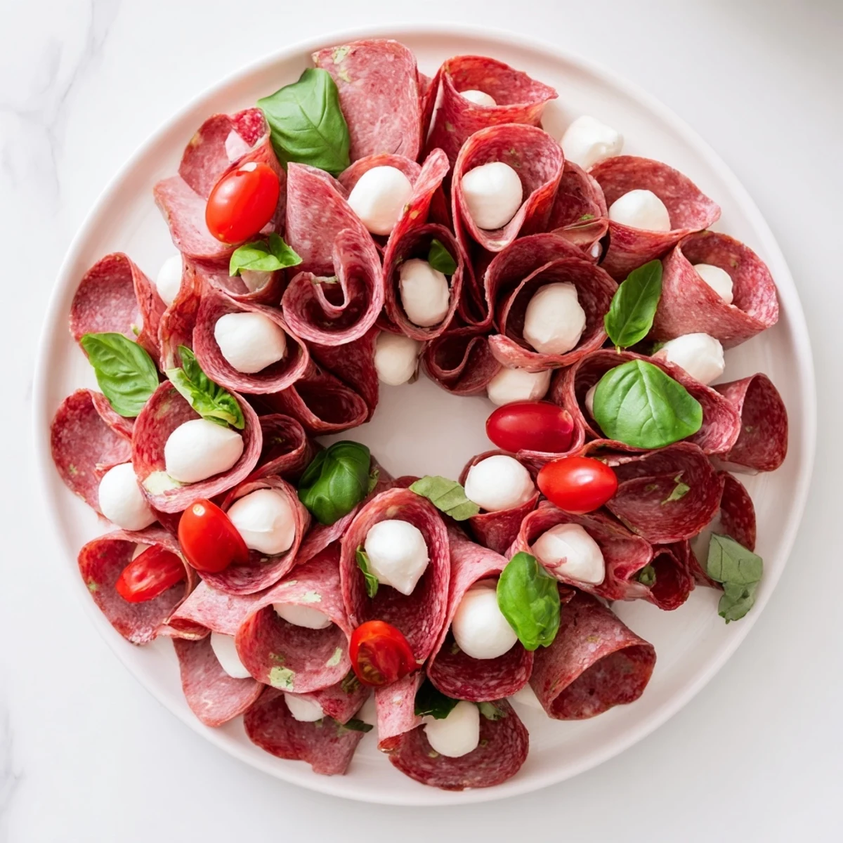 Folded Salami Wreath: A close-up view of the simple, elegant arrangement on a serving platter.