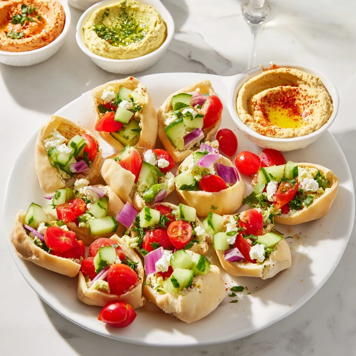 Mediterranean Savory Board with mini pita pockets, colorful vegetables, and creamy hummus bowls.