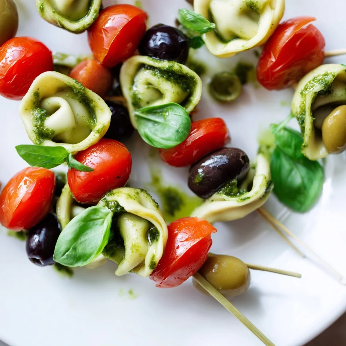 Brightly colored appetizer skewers feature pesto-covered tortellini, olives, and fresh tomatoes, ready to enjoy.