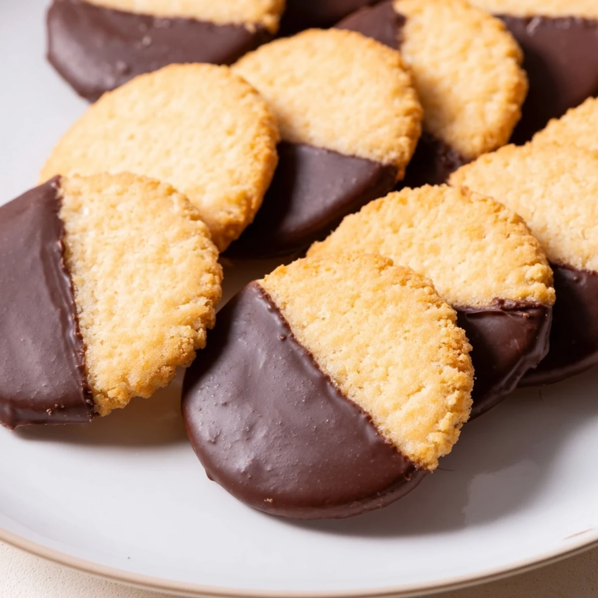 Crisp vanilla wafers dipped in glossy chocolate: a close-up of the delicious Simple Cookies.