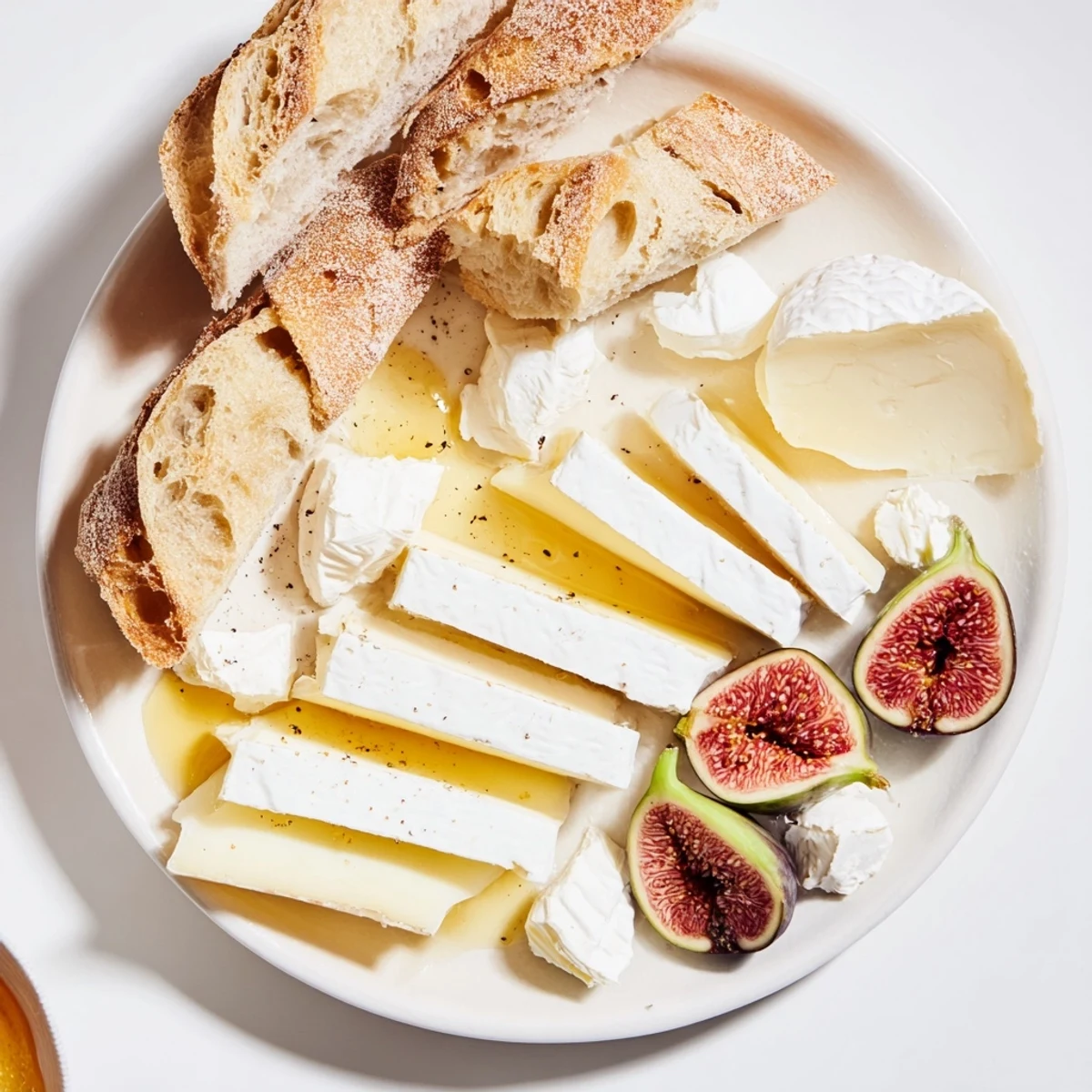 Elegant arrangement of French Bistro Elegance cheese, fruit, and baguettes for a perfect appetizer.