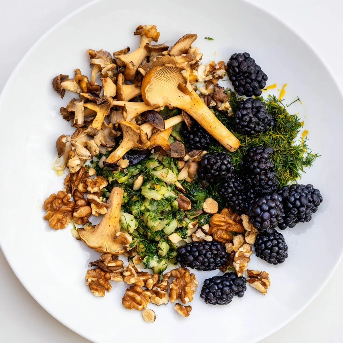 Visually appealing Northwest Forest Forager appetizer with earthy mushrooms, toasted nuts, and berries.