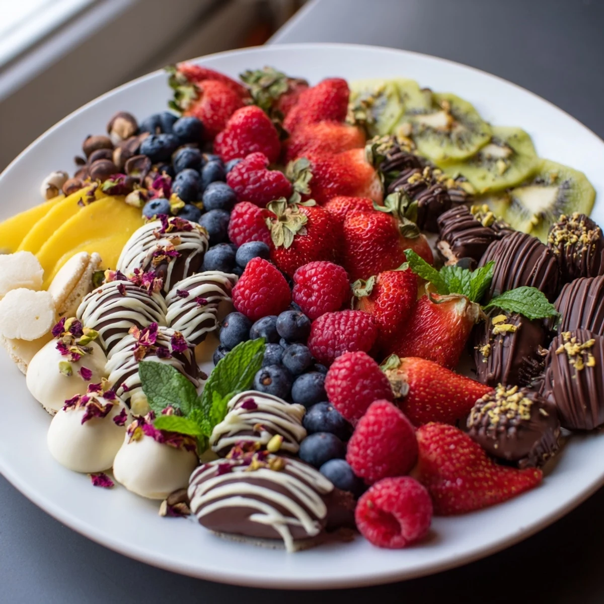 A decadent dessert platter showcases The Sweet Dessert Decadence drizzled with melted chocolate.